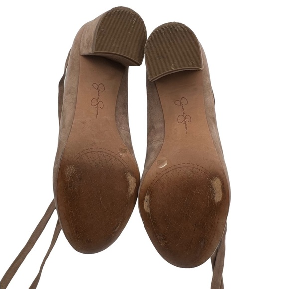 Jessica Simpson Venya Suede Totally Taupe Ankle Wrap Block Heels Size 9 Women's - Picture 9 of 10